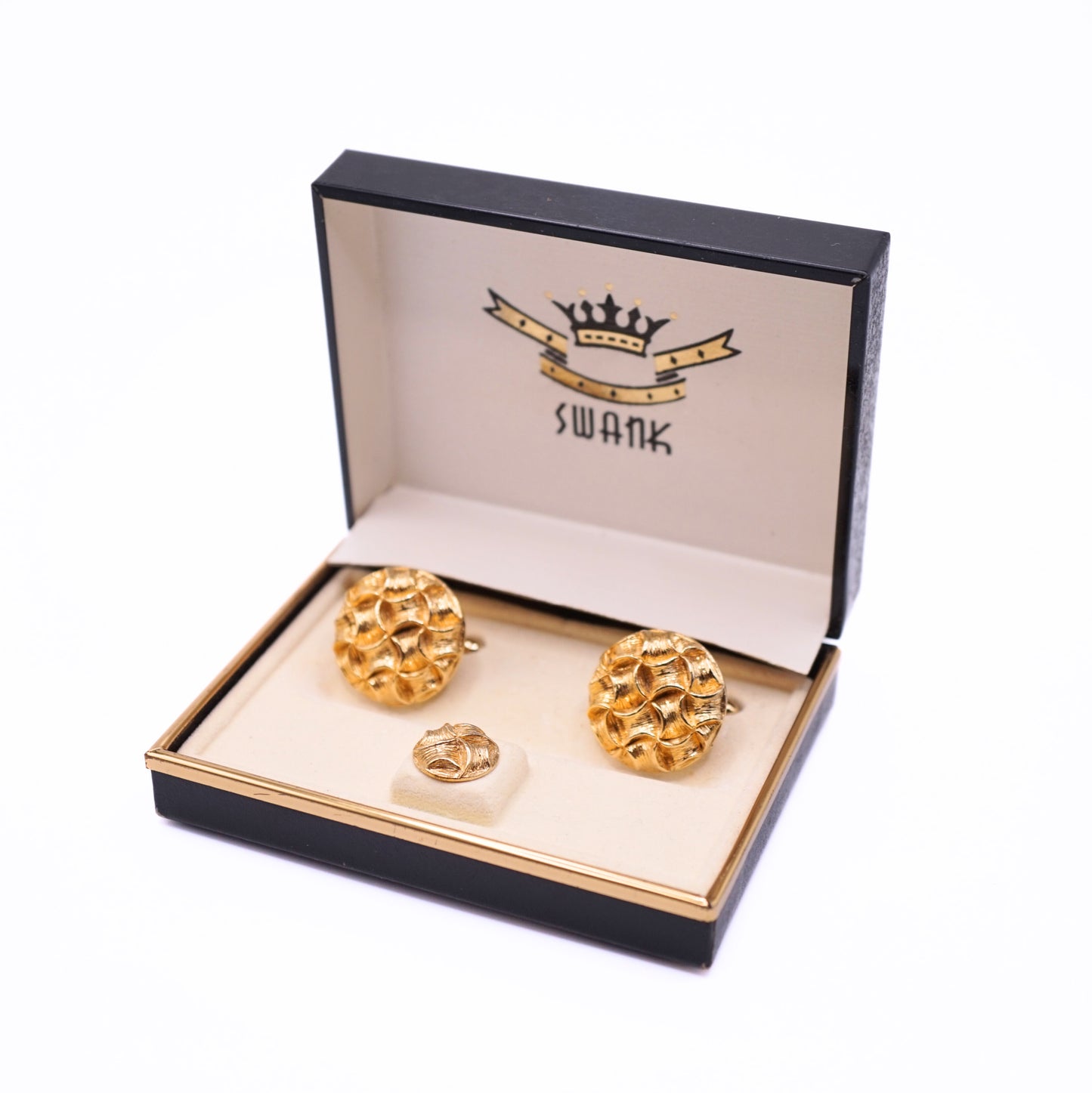 Vintage Swank Gold Textured Round Cufflinks & Tie Tack