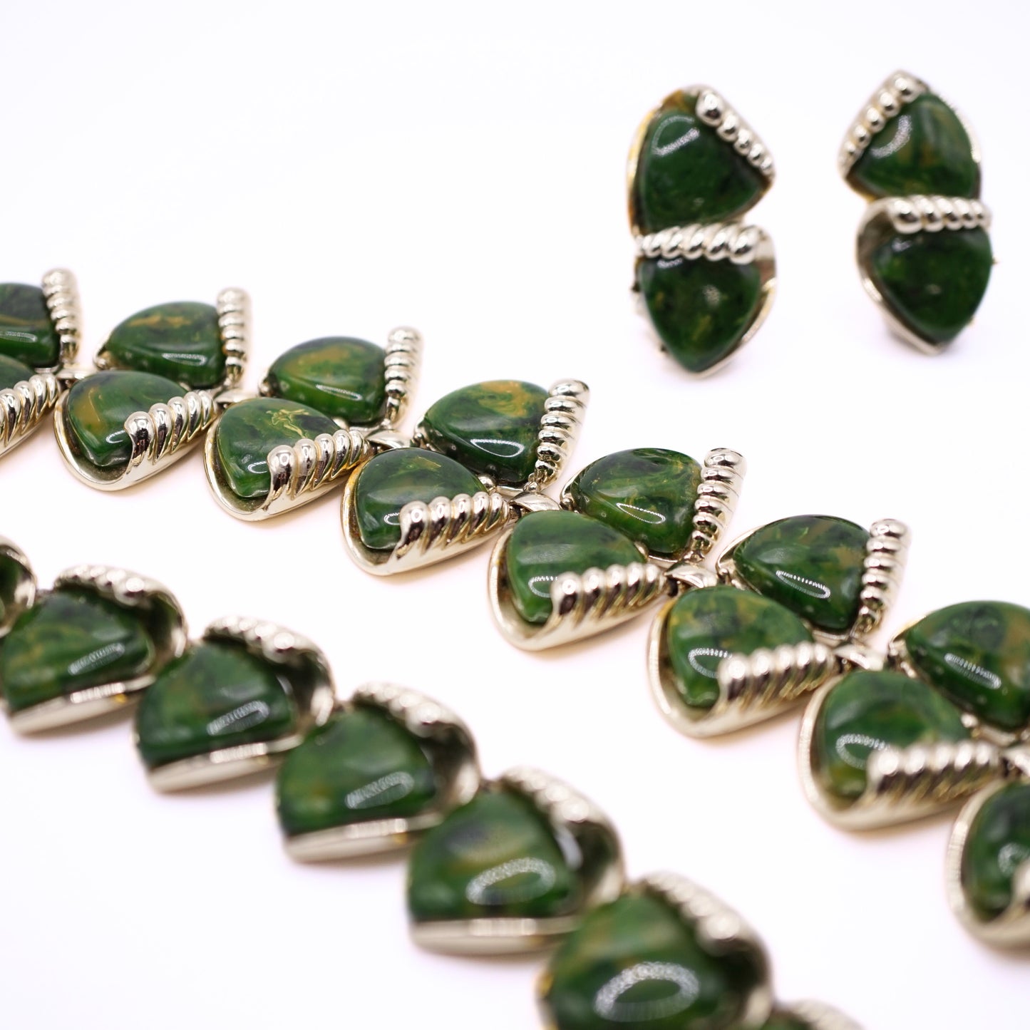 Vintage Charel Green Marble Bakelite and Metal Parure