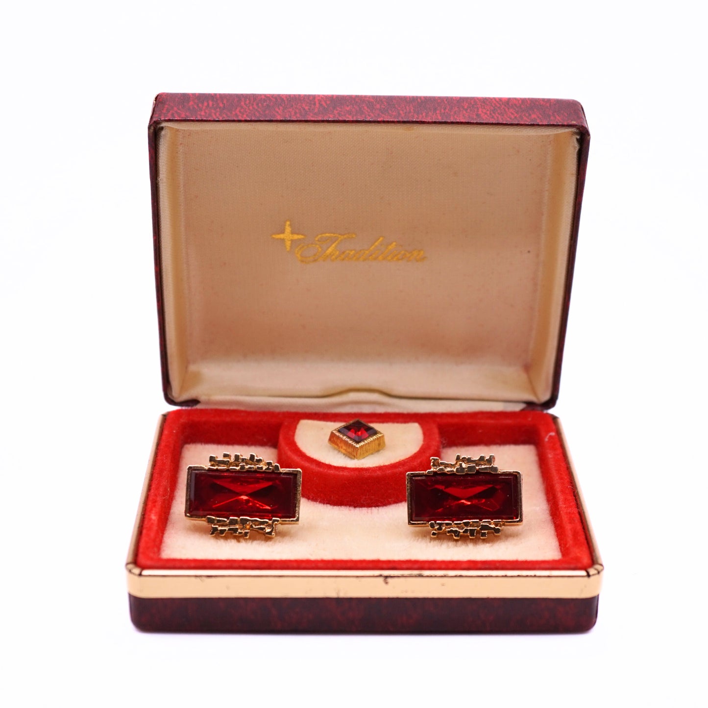 Vintage Beautiful "Traditions" Red Crystal Cufflinks and Tie Tack set