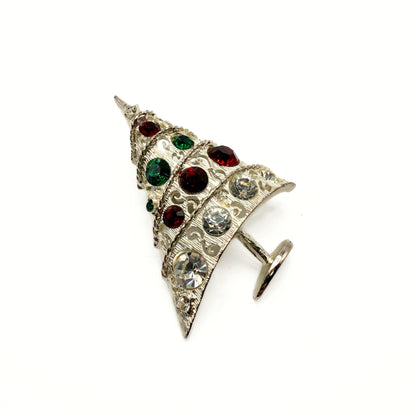 Vintage Red, Green & Clear Rhinestone Christmas Tree Brooch