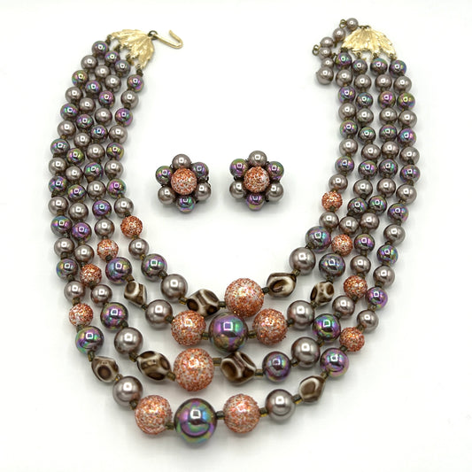 Vintage Japan Multi Colored Pearls Demi Parure