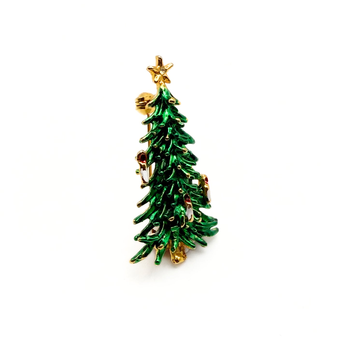 Vintage Green Enamel Christmas Tree Brooch (Candle-Style)