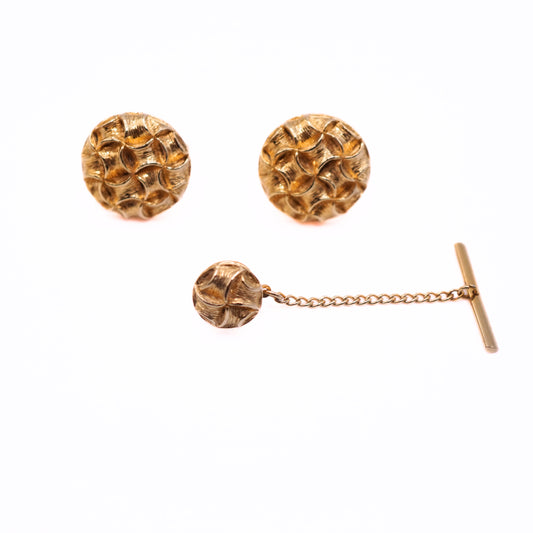Vintage Swank Gold Textured Round Cufflinks & Tie Tack