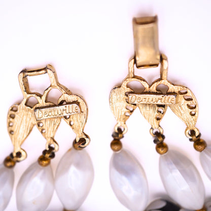 Vintage Signed Deauville White Black Faux Pearl & Floral Bead Parure