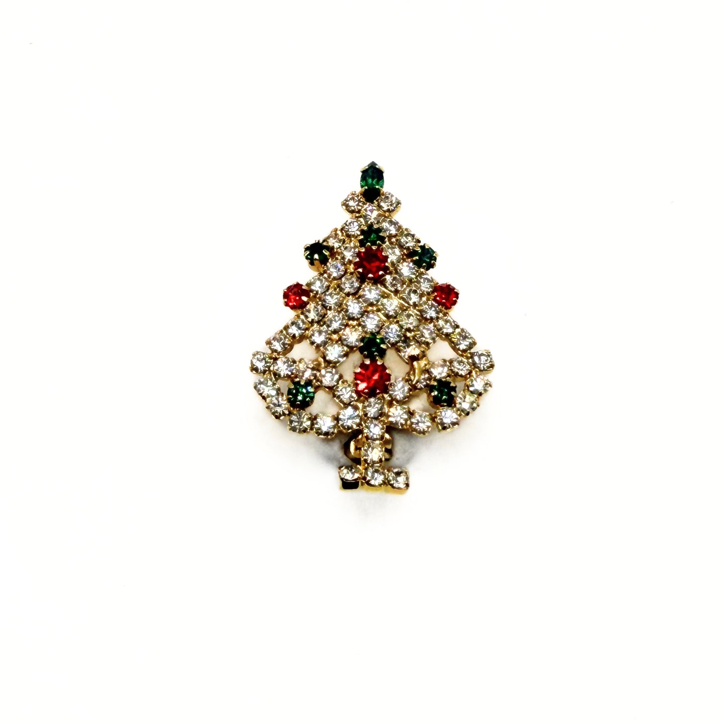 Vintage Unsigned Red and Green Rhinestone Christmas Tree Brooch