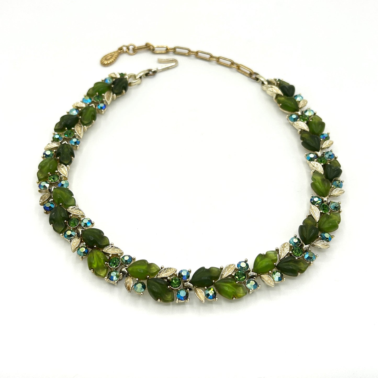 Vintage Lisner Green Leaf and Rhinestones Full Parure