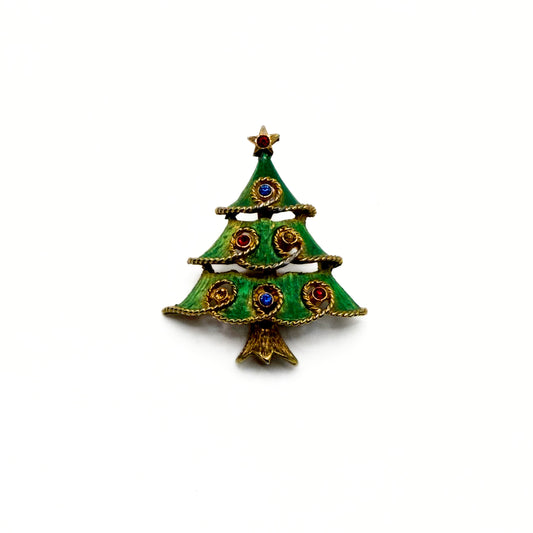 Vintage JJ Green Enamel Christmas Tree Brooch