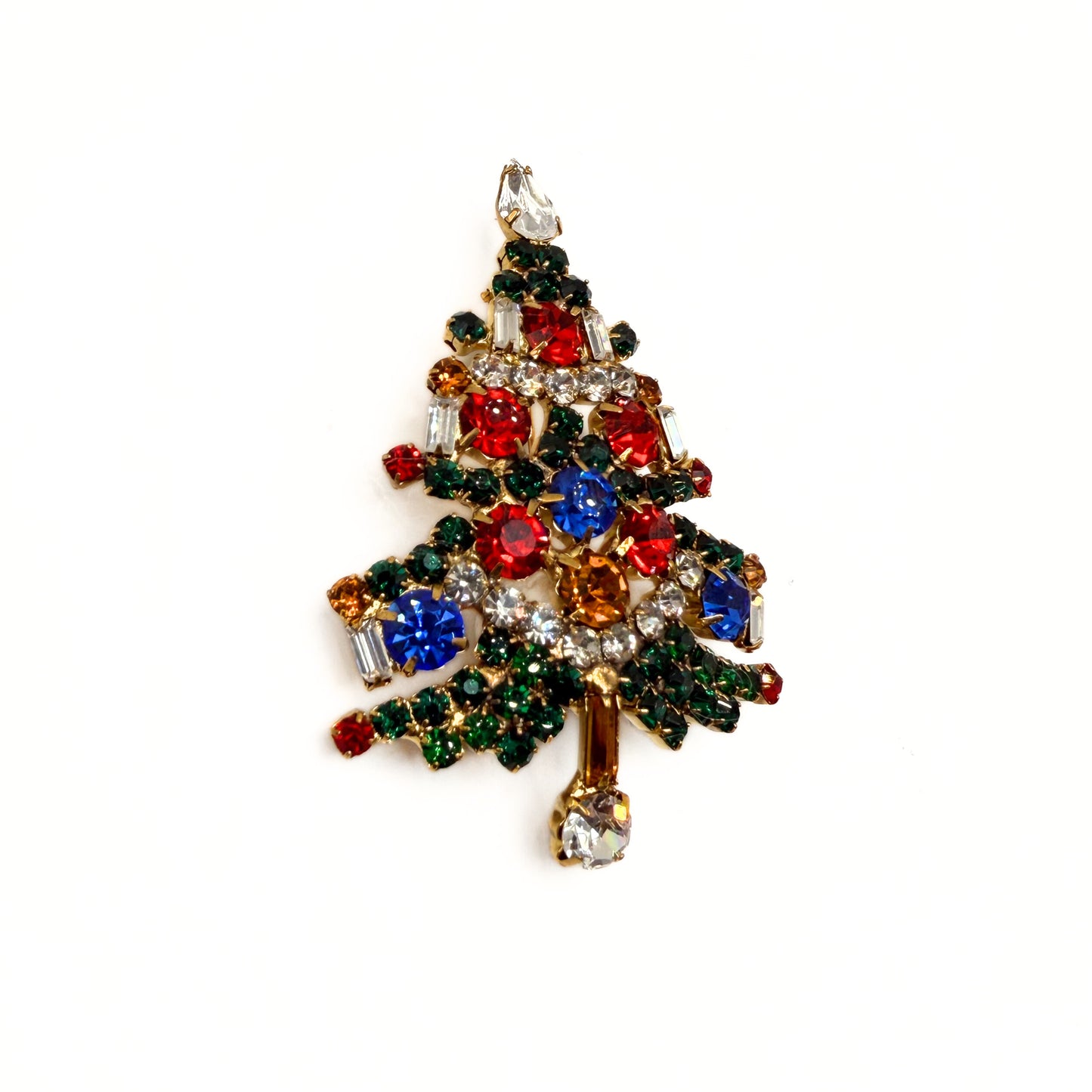 Vintage Unsigned Multicolor Rhinestone Christmas Tree Brooch