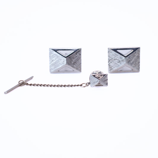 Vintage Swank Signed Silver-Tone Geometric Cufflinks & Tie Tack