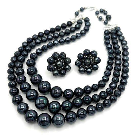 Vintage Japan Black Pearls Demi Parure