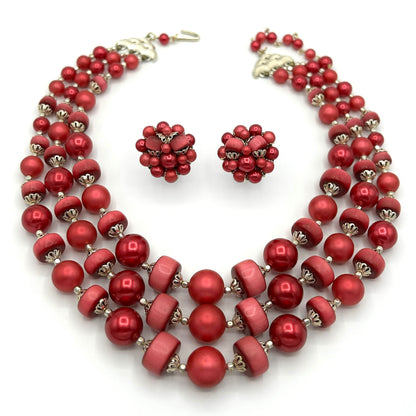 Vintage Japan Magenta 3 Strand Demi Parure