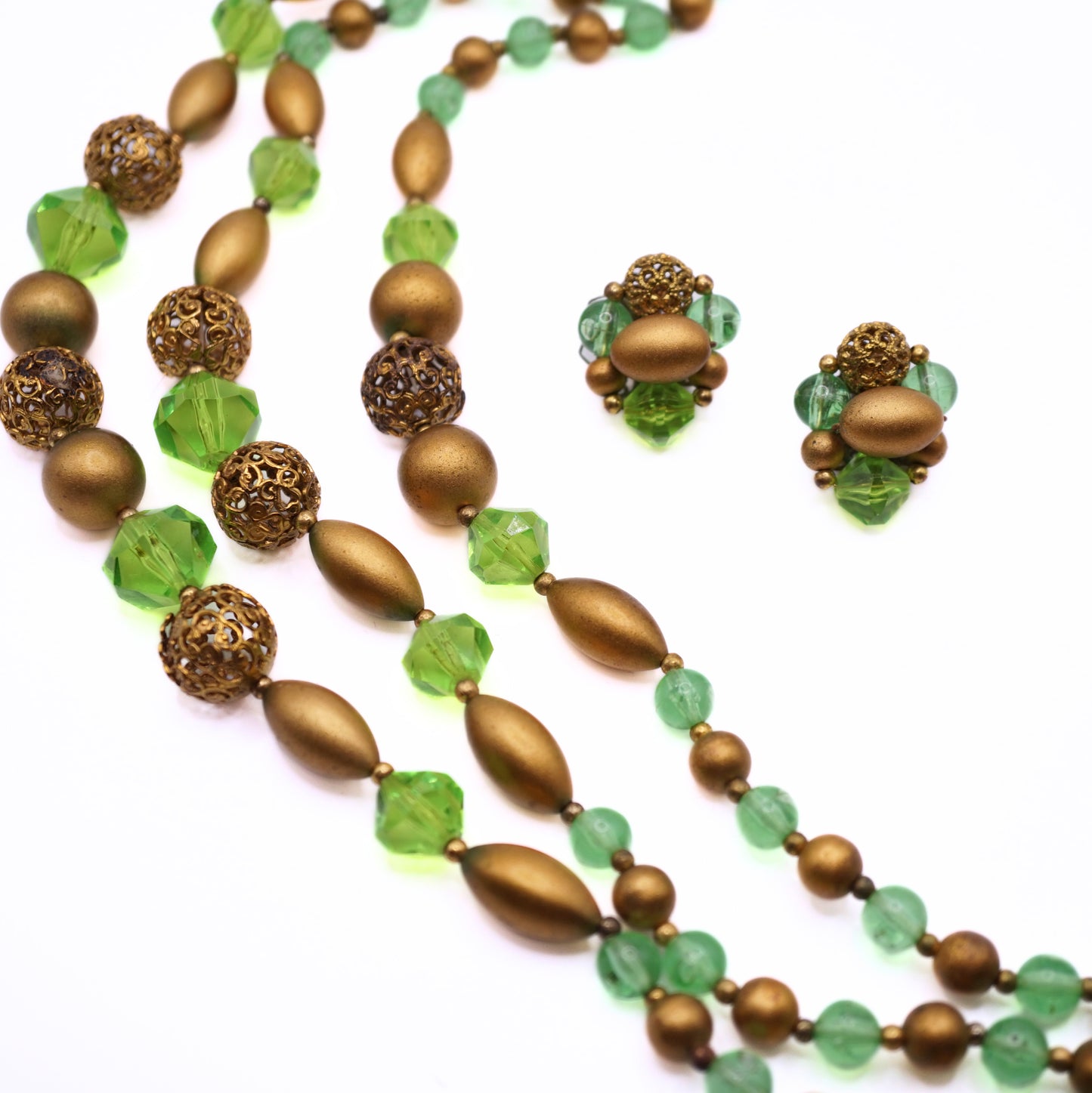 Vintage Signed Deauville Green and Gold Bead Parure