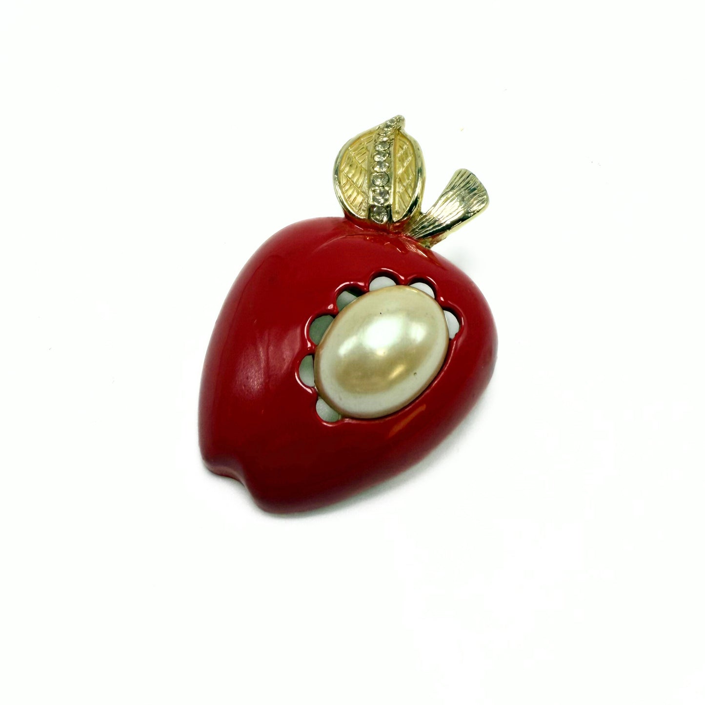 Vintage Faux Pearl Red Enamel Apple Rhinestone Brooch Pin