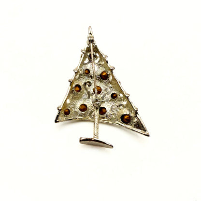 Vintage Red, Green & Clear Rhinestone Christmas Tree Brooch