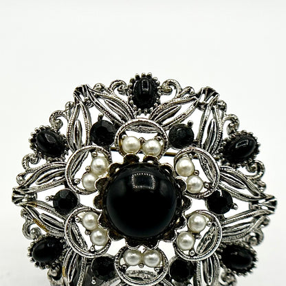Vintage Lisner Black and Silver Brooch