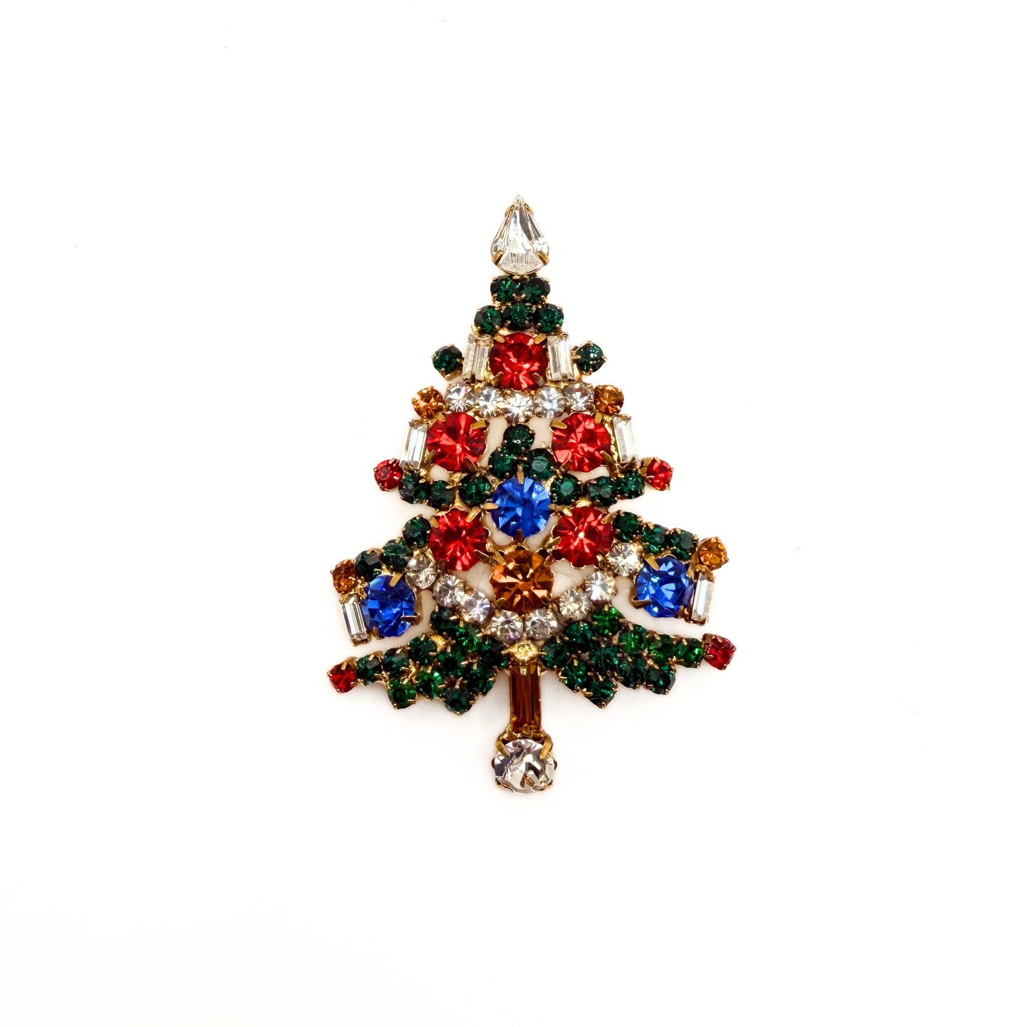 Vintage Unsigned Multicolor Rhinestone Christmas Tree Brooch