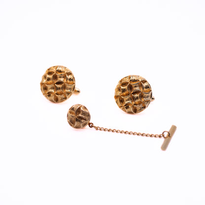 Vintage Swank Gold Textured Round Cufflinks & Tie Tack