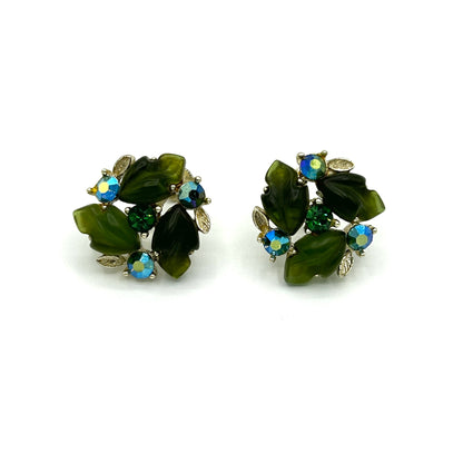 Vintage Lisner Green Leaf and Rhinestones Full Parure