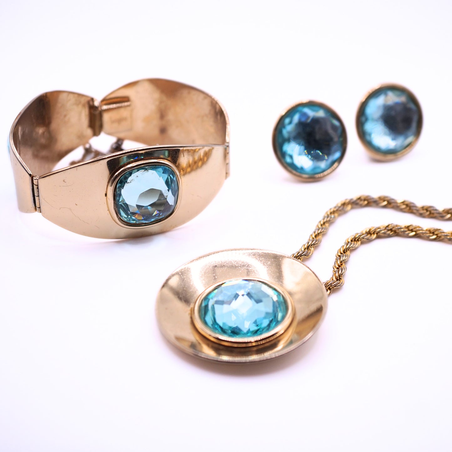 Vintage Signed Bergere Aqua Blue Glass Facet Parure