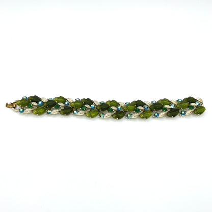 Vintage Lisner Green Leaf and Rhinestones Full Parure