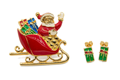 Vintage Avon Santa Sleigh Brooch & Earrings