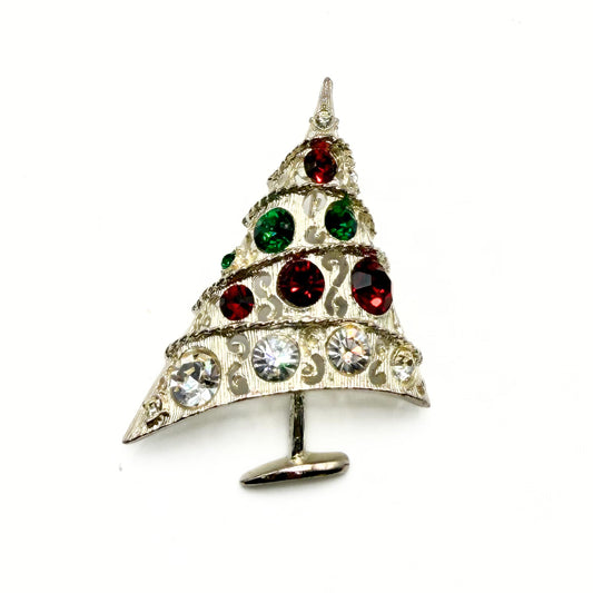 Vintage Red, Green & Clear Rhinestone Christmas Tree Brooch