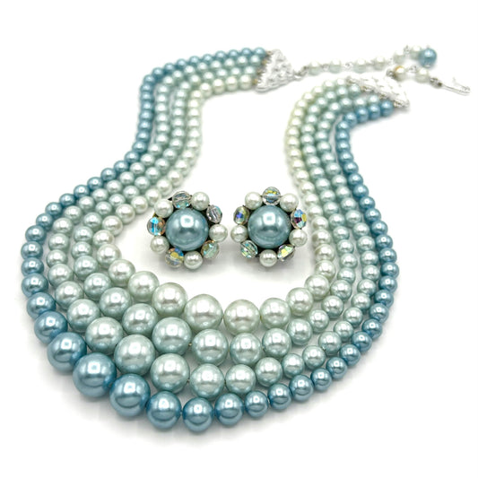 Vintage Japan Blue Ombre Pearls Demi Parure