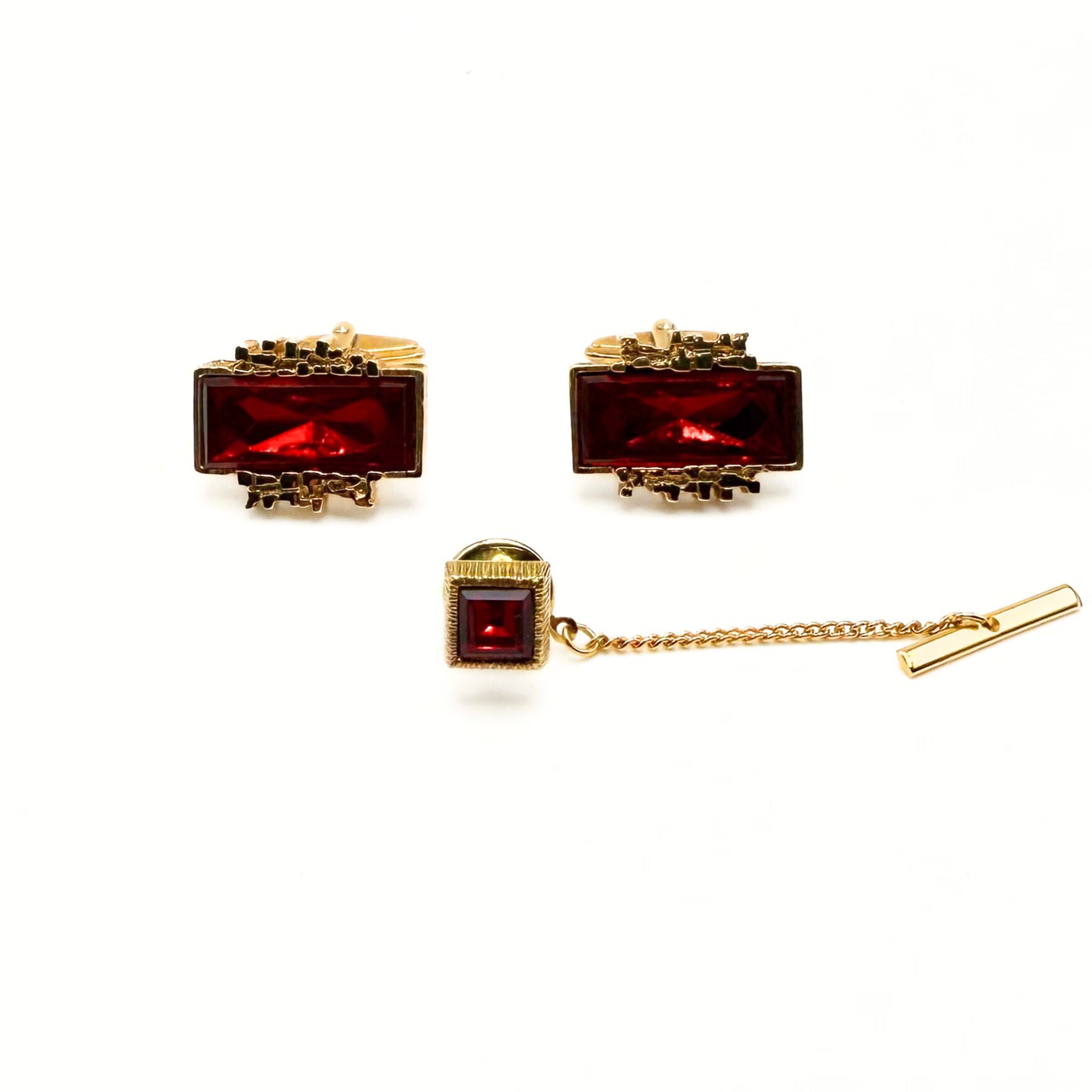 Vintage Beautiful "Traditions" Red Crystal Cufflinks and Tie Tack set