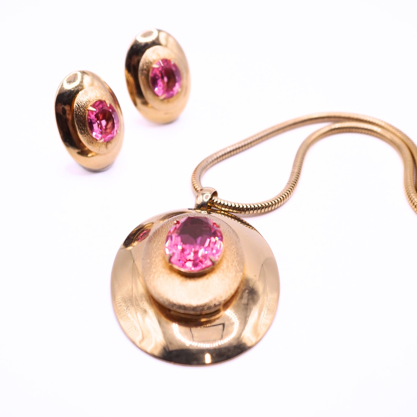 Vintage Signed Bergere Pink Faceted Glass and Gold Parure