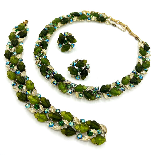 Vintage Lisner Green Leaf and Rhinestones Full Parure