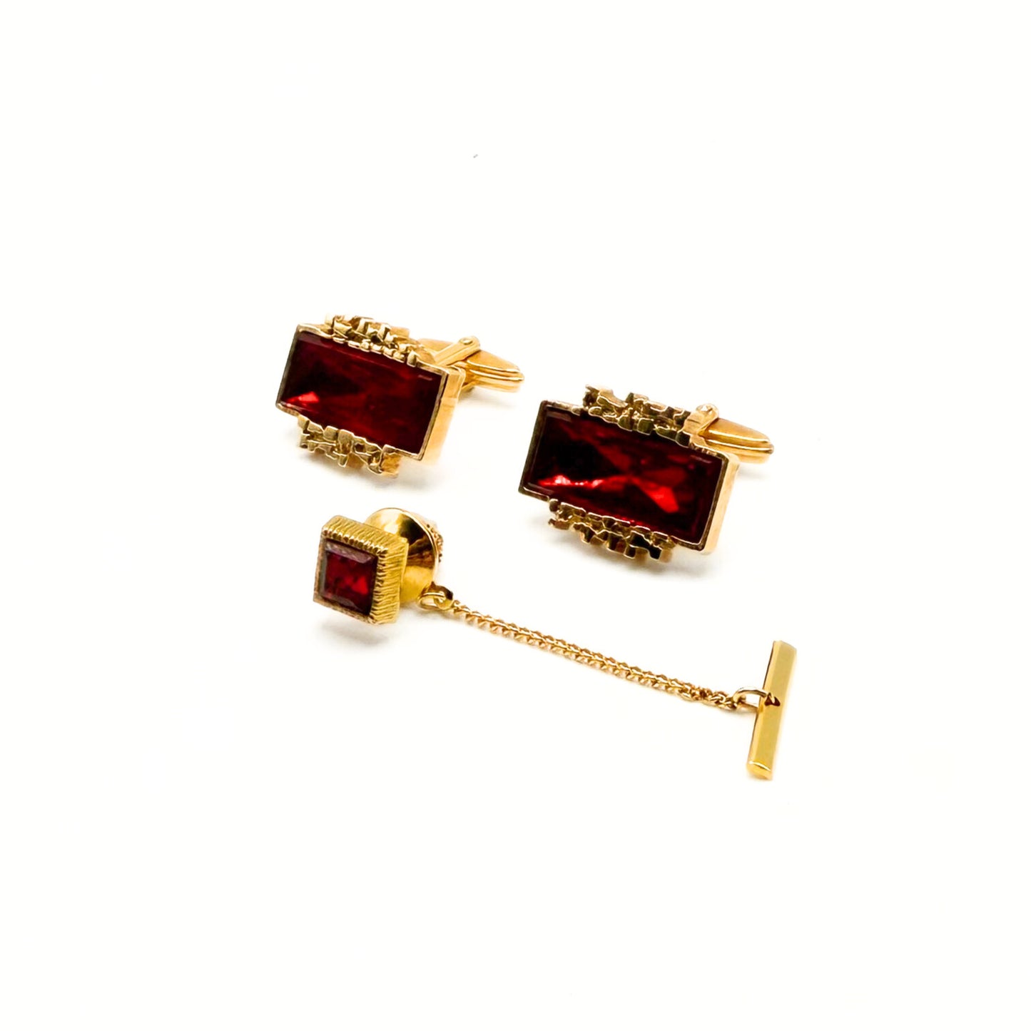 Vintage Beautiful "Traditions" Red Crystal Cufflinks and Tie Tack set