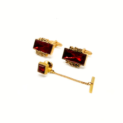 Vintage Beautiful "Traditions" Red Crystal Cufflinks and Tie Tack set
