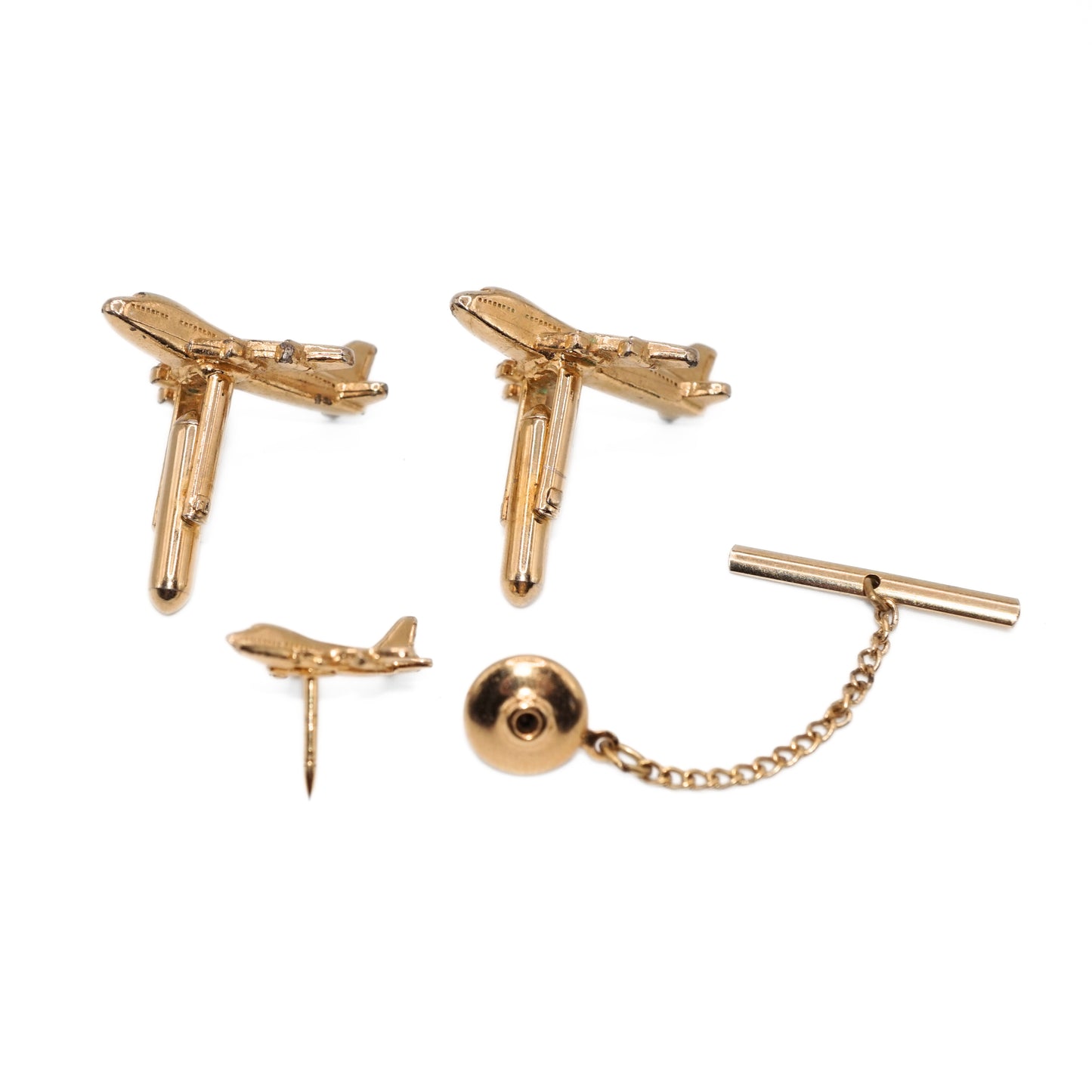 Vintage Airplane Gold Plated Cuff Link and Tie Tac Pin Set