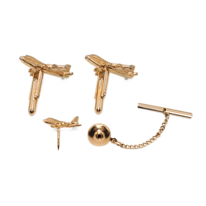 Vintage Airplane Gold Plated Cuff Link and Tie Tac Pin Set