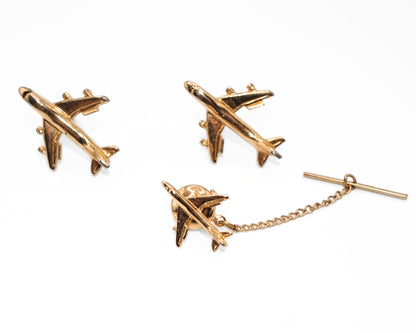 Vintage Airplane Gold Plated Cuff Link and Tie Tac Pin Set