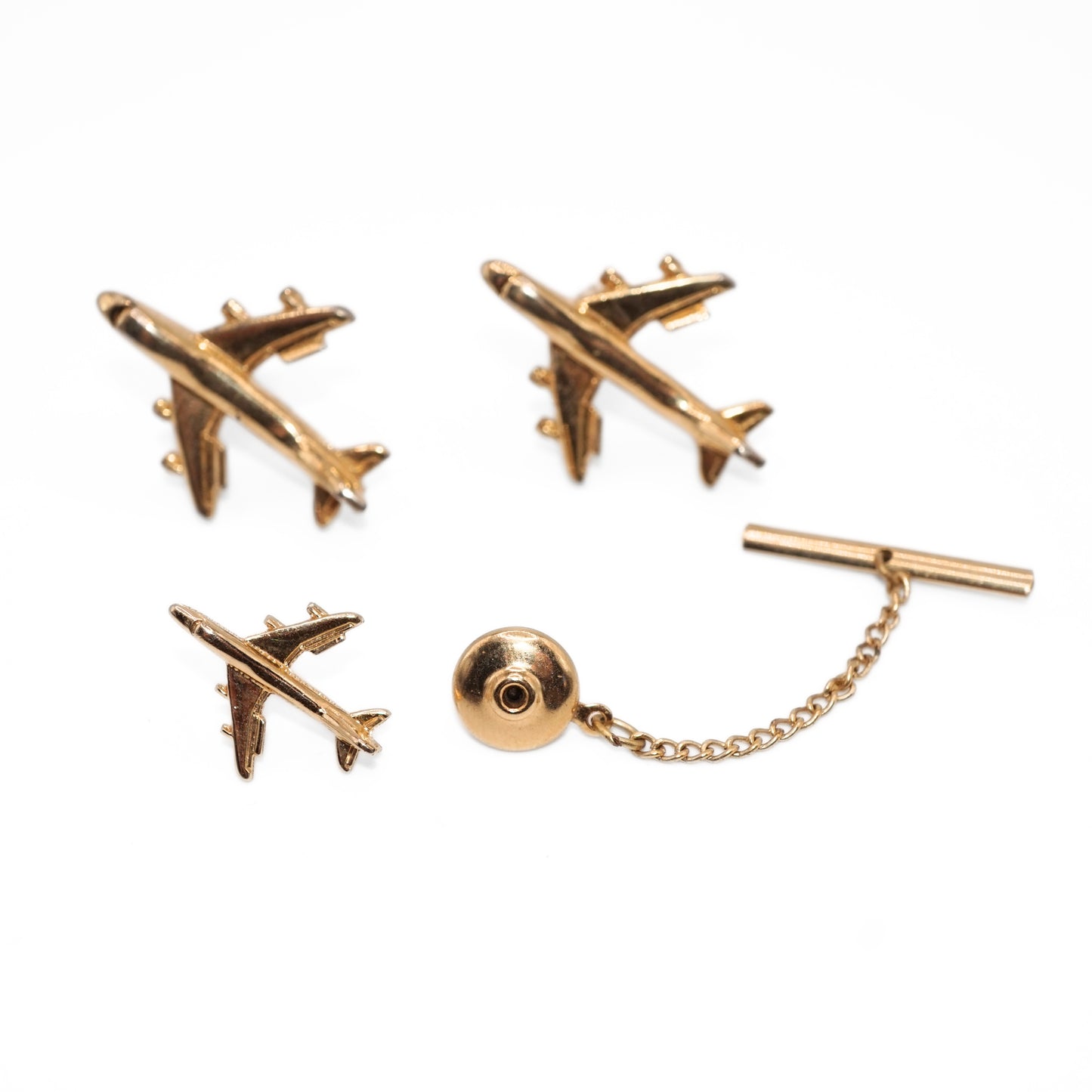 Vintage Airplane Gold Plated Cuff Link and Tie Tac Pin Set