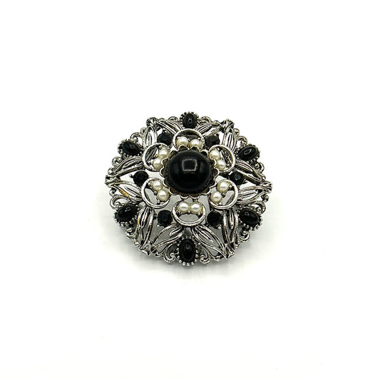 Vintage Lisner Black and Silver Brooch