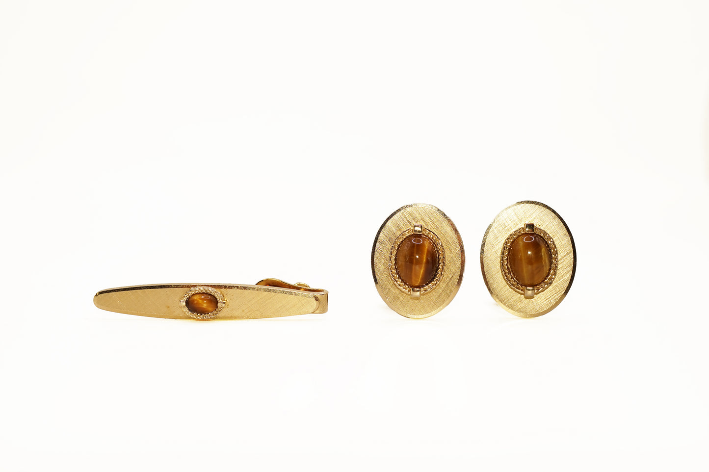 Vintage Tigers Eye Yellow Gold Plated Cuff Link and Tie Clip Set