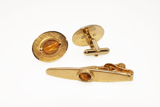 Vintage Tigers Eye Yellow Gold Plated Cuff Link and Tie Clip Set