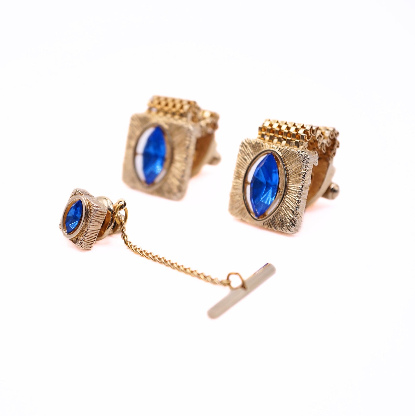 Vintage Swank Blue Crystal Gold-Tone Cufflinks & Tie Tack