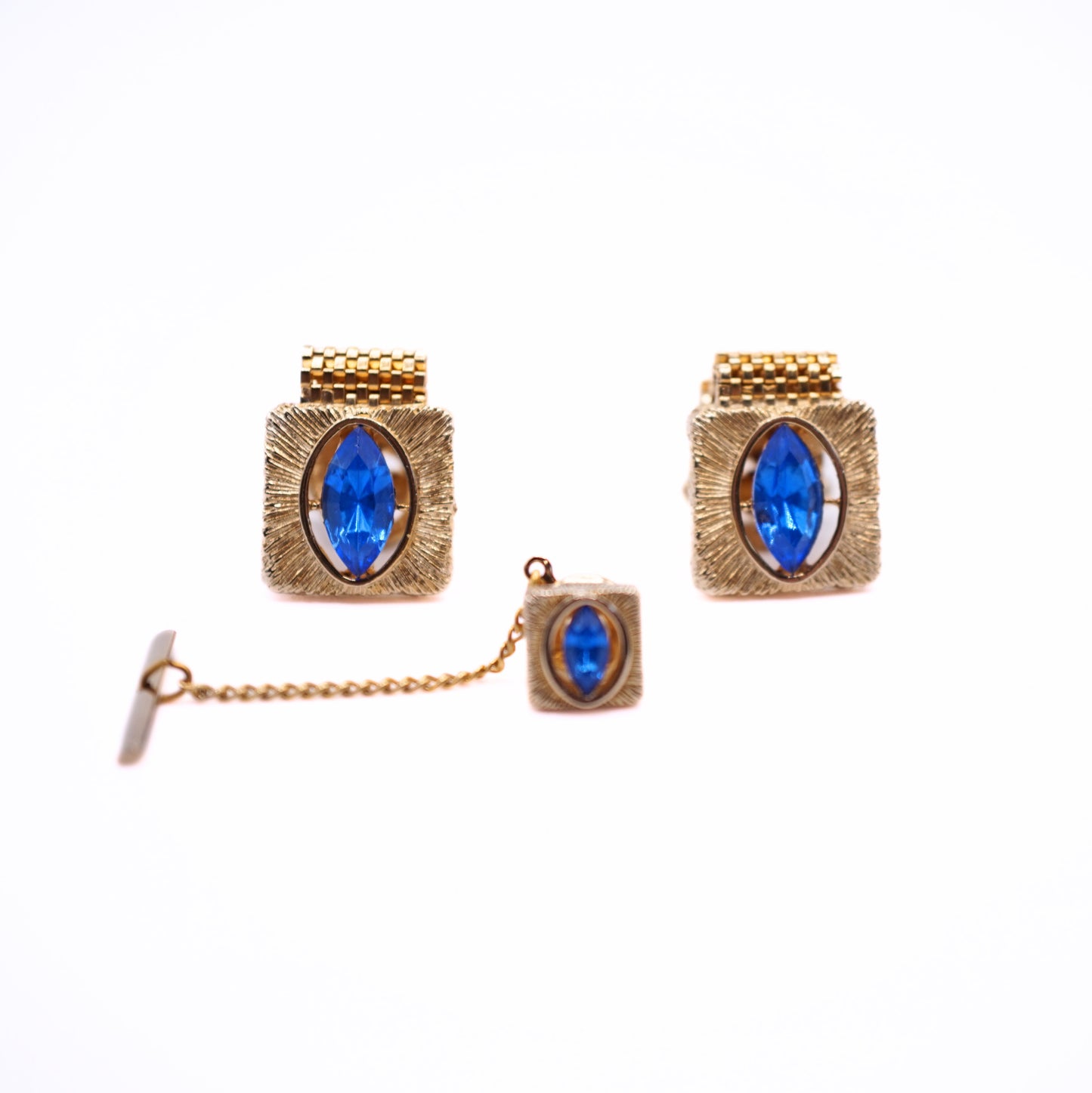 Vintage Swank Blue Crystal Gold-Tone Cufflinks & Tie Tack