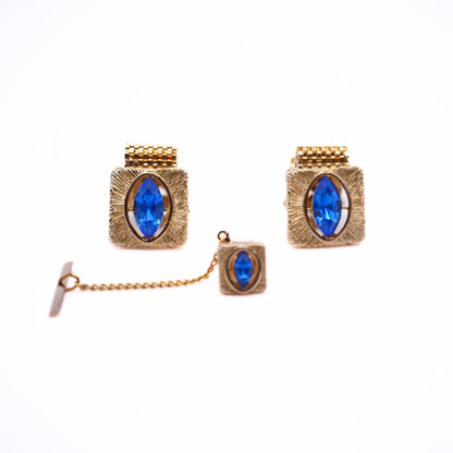 Vintage Swank Blue Crystal Gold-Tone Cufflinks & Tie Tack