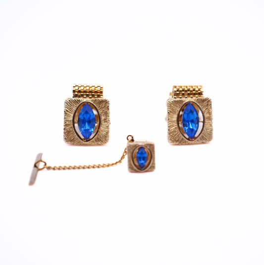 Vintage Swank Blue Crystal Gold-Tone Cufflinks & Tie Tack