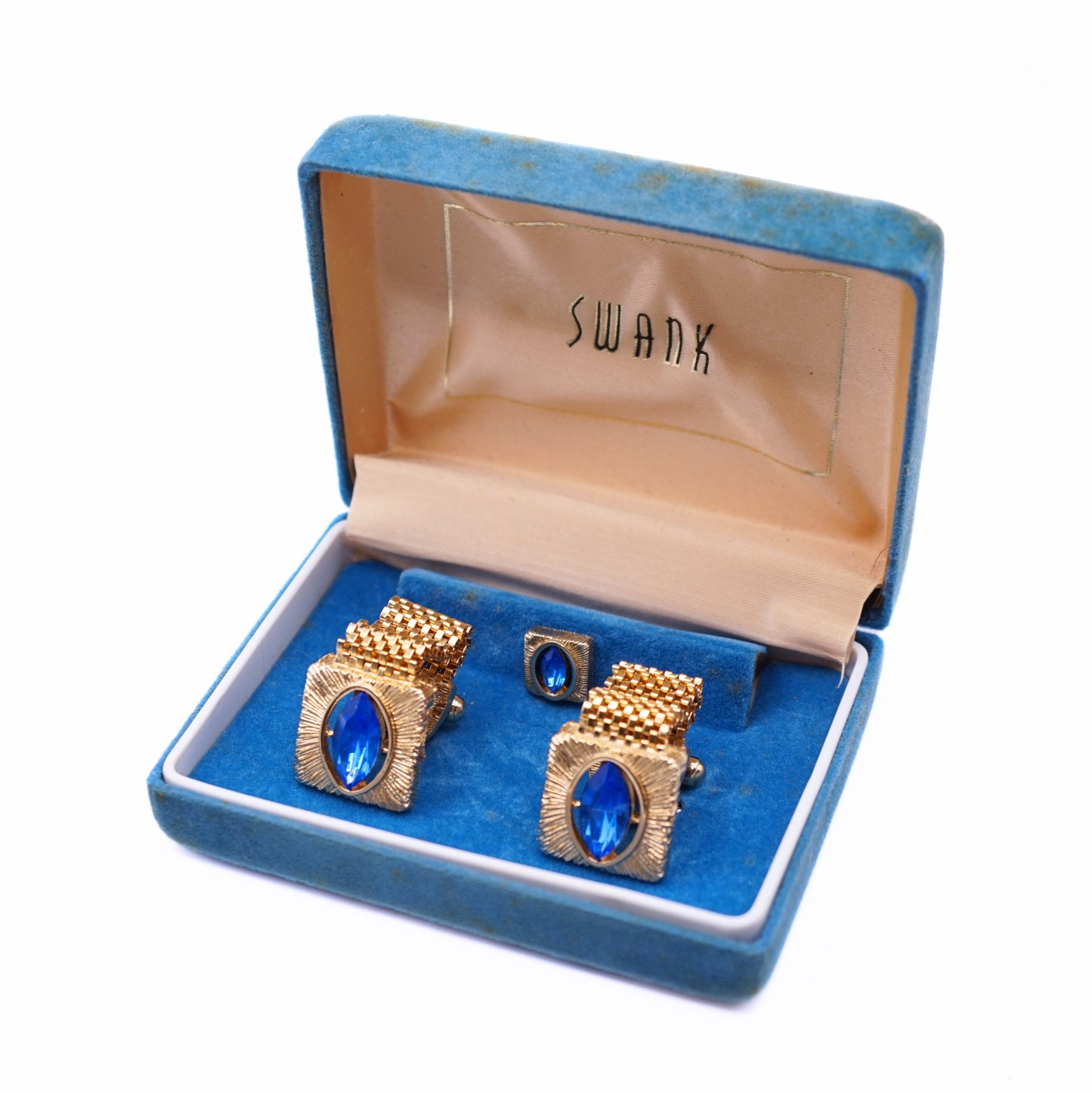 Vintage Swank Blue Crystal Gold-Tone Cufflinks & Tie Tack