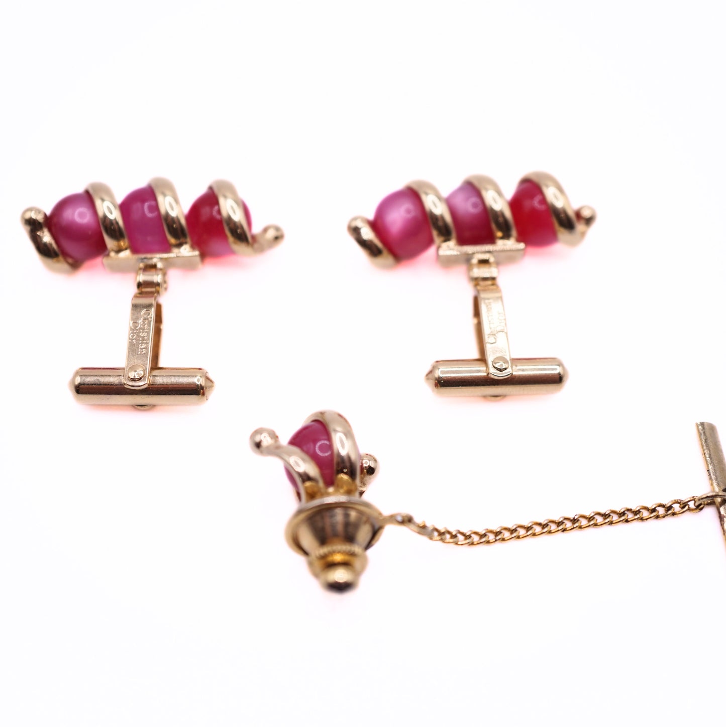 Vintage Christian Dior Red Enamel Cufflinks & Tie Tack
