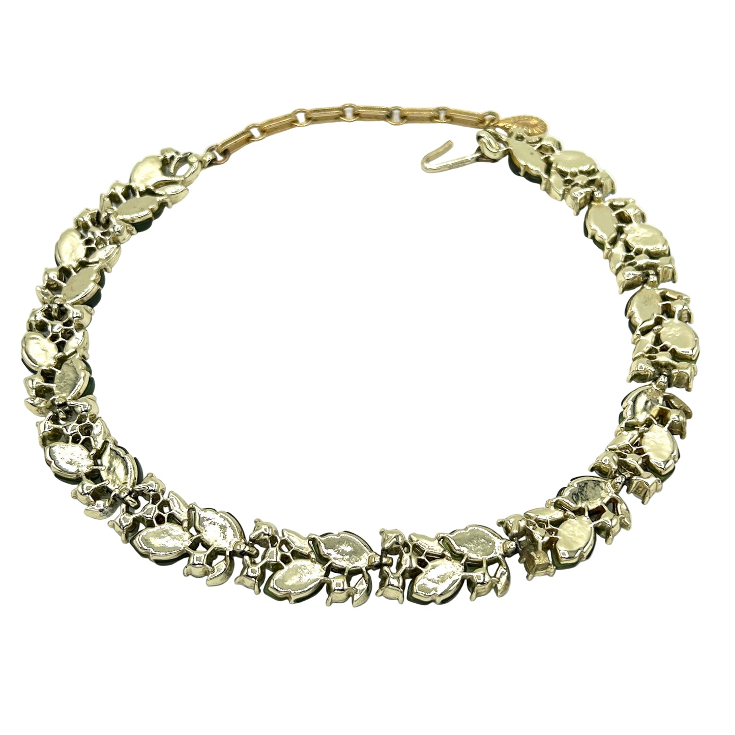 Vintage Lisner Green Leaf and Rhinestones Full Parure