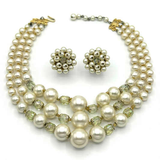 Vintage Japan Pearl and AB Crystal Demi Parure