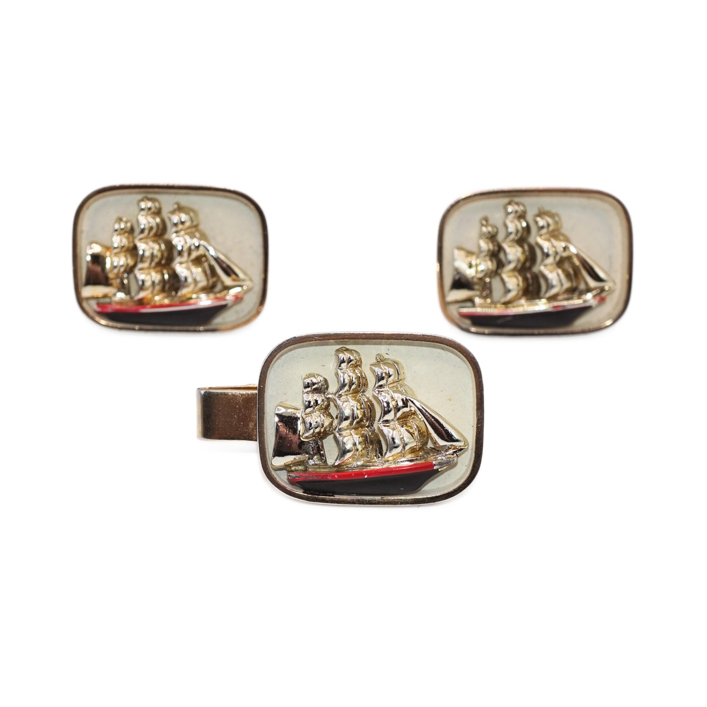 Vintage SWANK Sailboat Gold Plated Cuff Link and Tie Clip Set