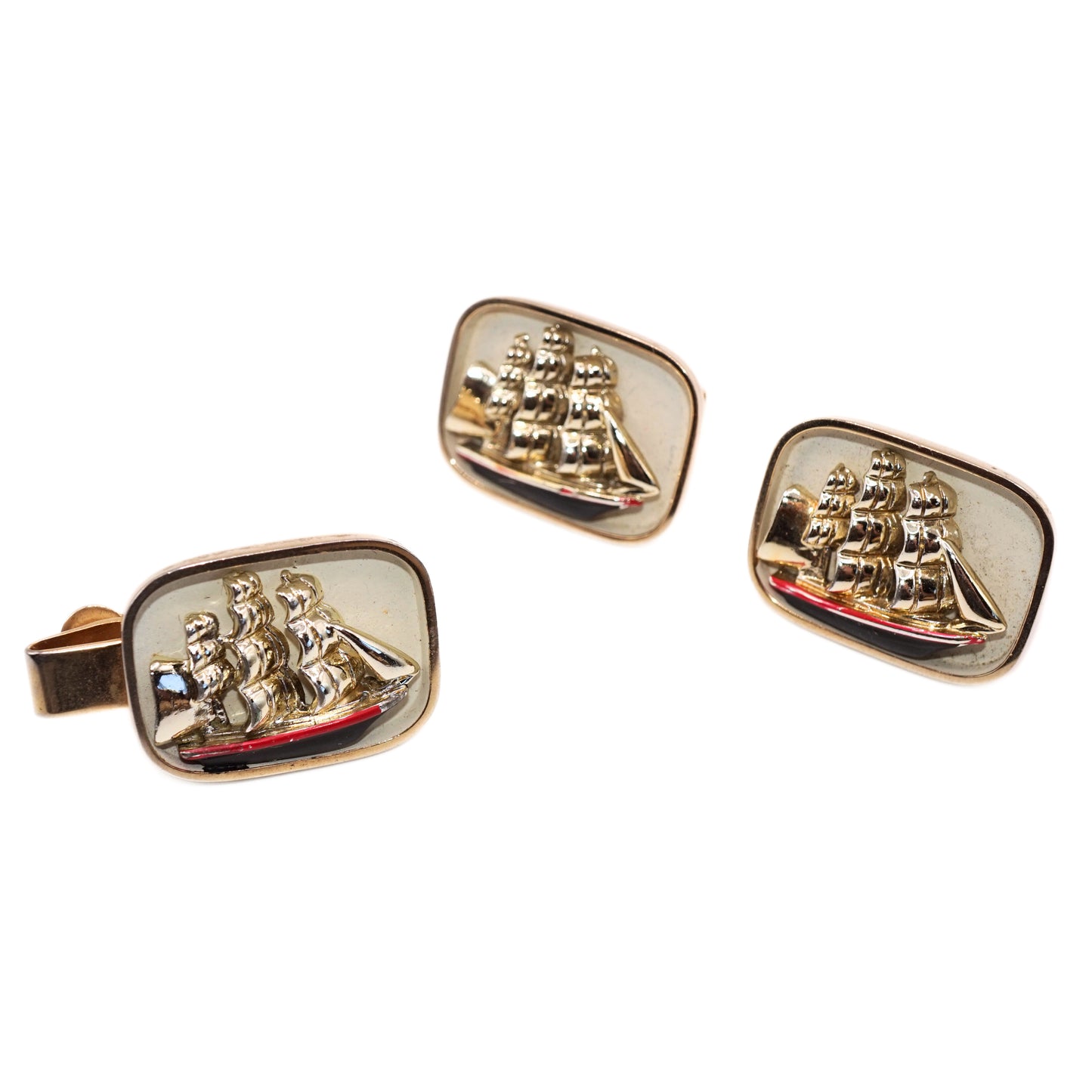 Vintage SWANK Sailboat Gold Plated Cuff Link and Tie Clip Set