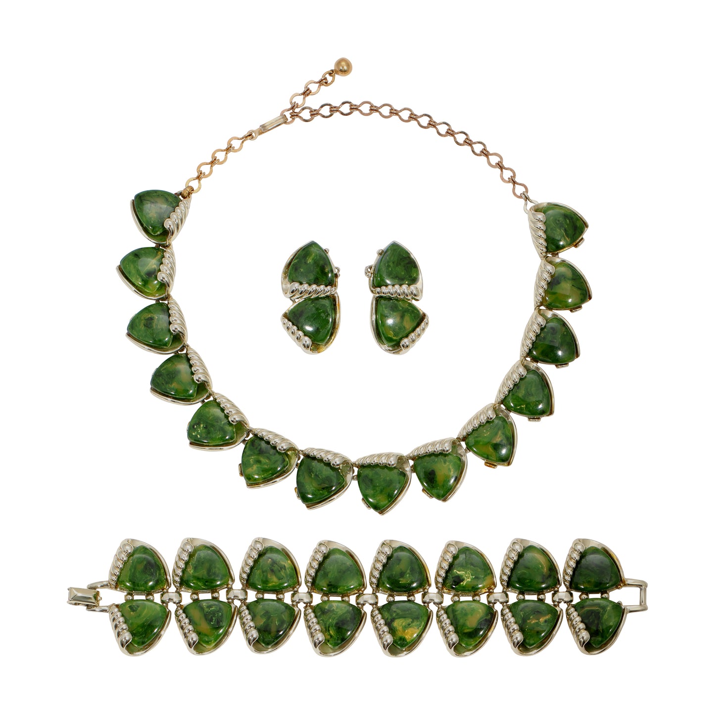 Vintage Charel Green Marble Bakelite and Metal Parure